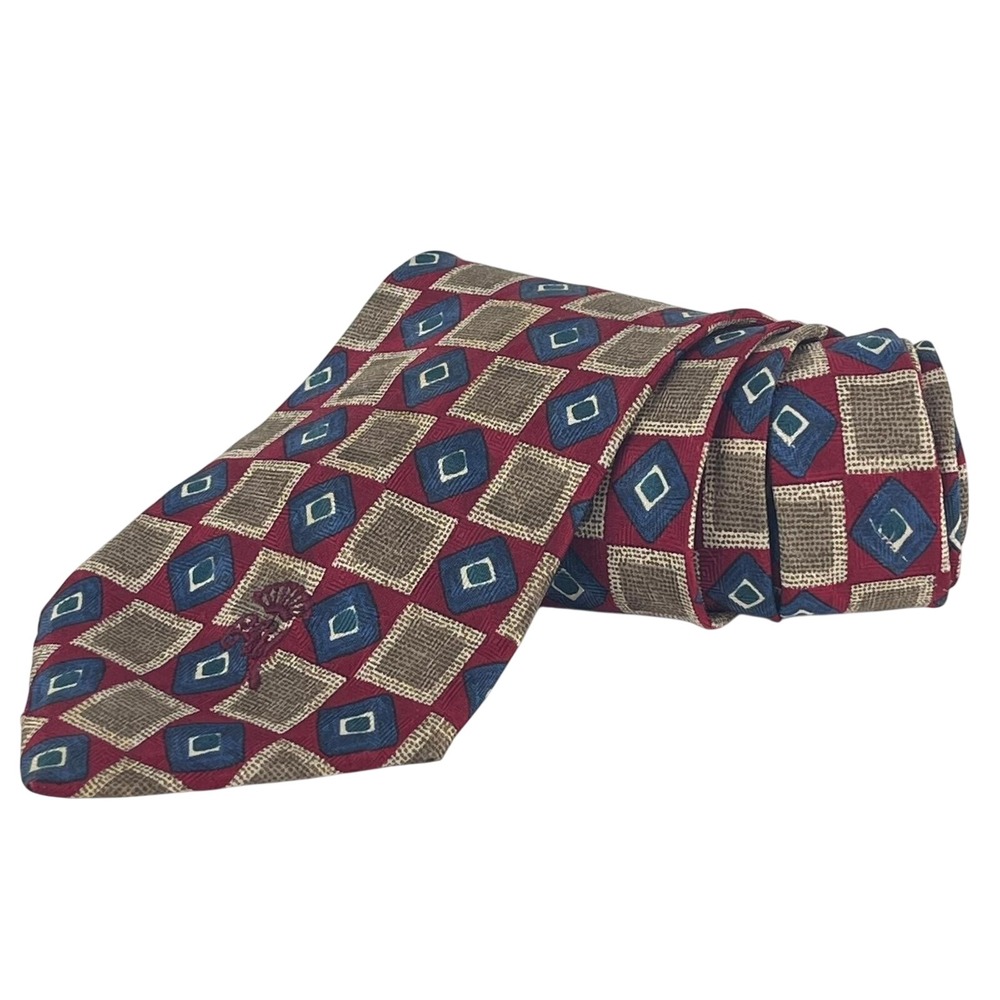 Countess Mara Necktie Men Red Blue Tan Geometric Square 100% Silk Made in USA